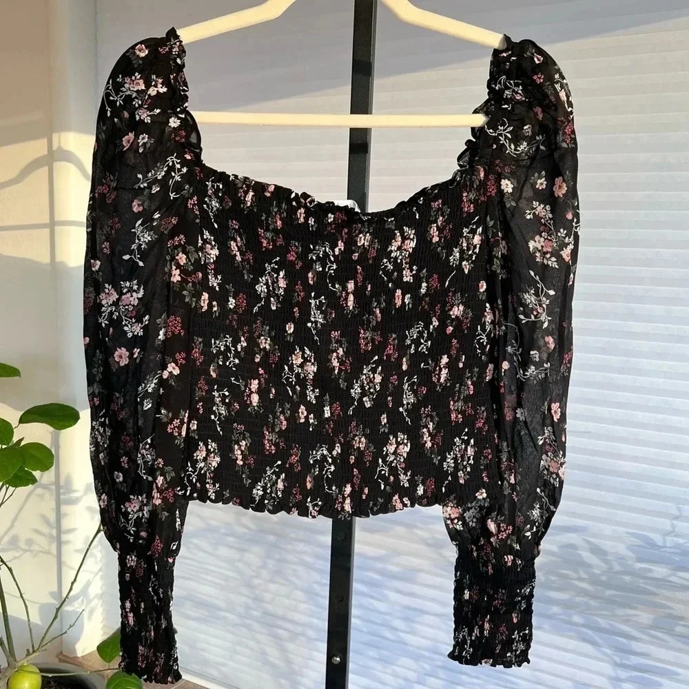 Reformation Pinto Floral Smocked Long Sleeve Blouse Black Small Contemporary